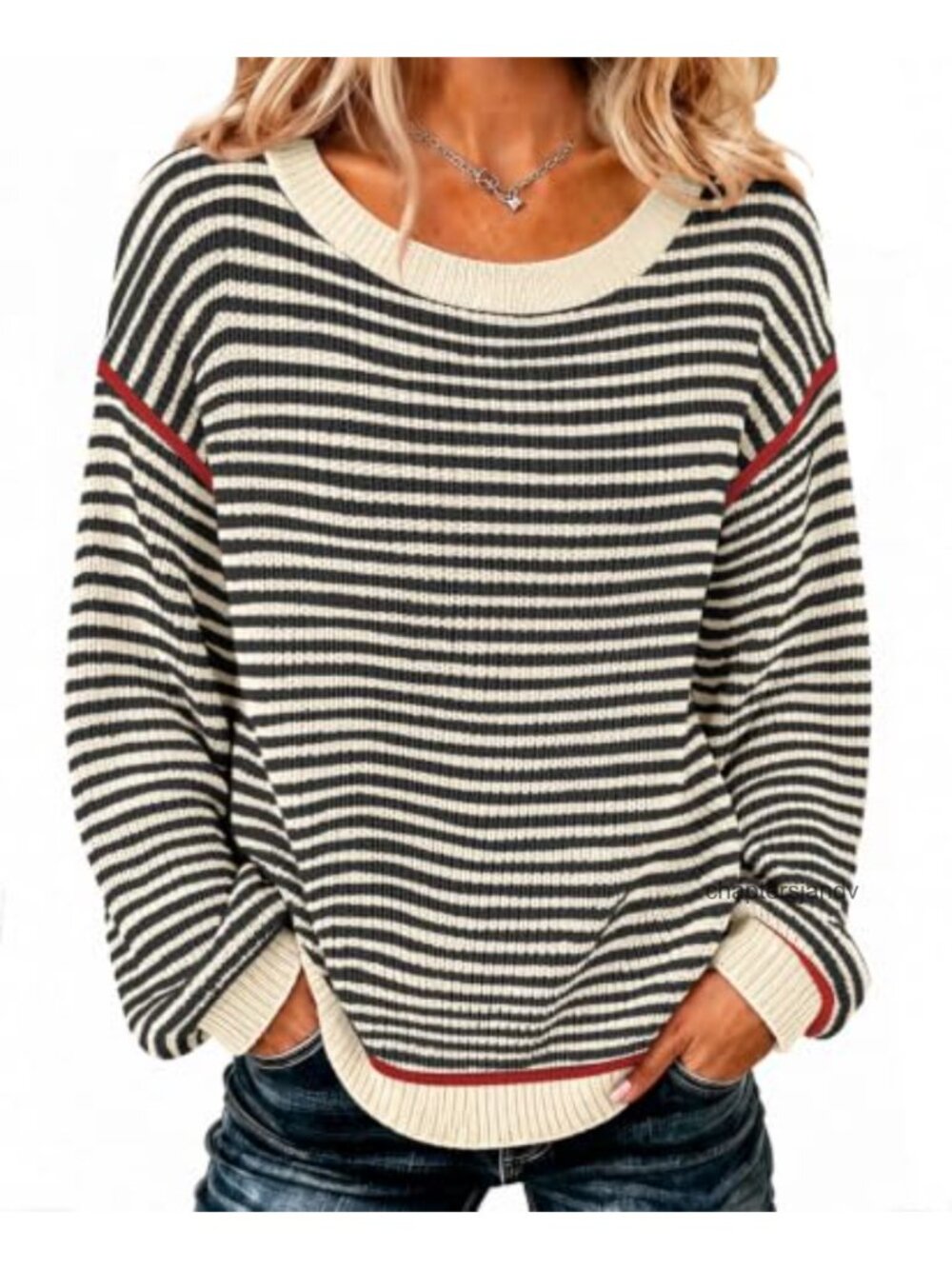 Womens Oversized Striped Pullover Sweater Crew Neck Long Sleeve Soft Knit